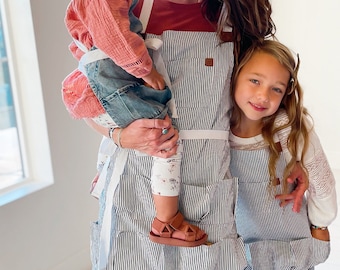 Hand-Sewn Egg Gathering Apron: Pin Striped, Leather Crossback - Adults & Kids