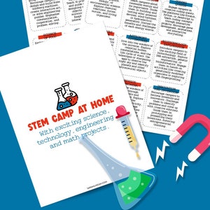 Puede incluir: Un folleto de STEM Camp at Home para la escuela en casa de verano. Presenta proyectos de ciencia, tecnología, ingeniería y matemáticas. Incluye ilustraciones de vasos de precipitados, un gotero y un imán.