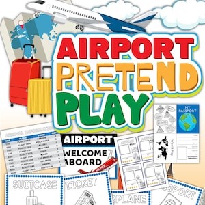May include: A colorful printable set of educational activities for kids about airports. The set includes a welcome aboard sign, a suitcase, a ticket, a plane, a passport, a security check point, a baggage claim, and a ticket counter. The set also includes a world map, a gate sign, and an I Spy game.
