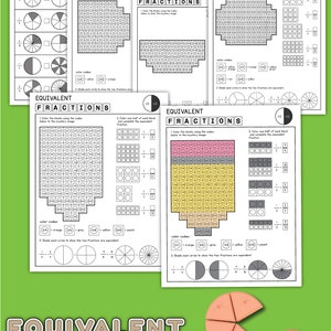 Puede incluir: Un conjunto de hojas de trabajo imprimibles para enseñar fracciones equivalentes. Las hojas de trabajo presentan círculos divididos en diferentes secciones, con instrucciones de codificación de colores para que los estudiantes sombreen las secciones y completen las fracciones equivalentes.