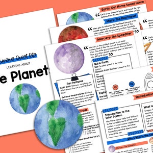 May include: A colourful printable educational activity for children about the planets in our solar system. The printable includes illustrations of planets, fun facts, and a space exploration timeline.