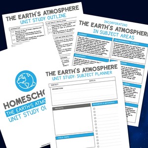 Puede incluir: Una hoja de trabajo imprimible para un estudio unitario sobre la atmósfera de la Tierra. La hoja de trabajo incluye un planificador de temas con secciones para lluvia de ideas, proyectos, viajes de campo y recursos y materiales. La hoja de trabajo también incluye una sección para incorporar la atmósfera de la Tierra en diferentes áreas temáticas, como ciencias, geografía, estudios ambientales, diseño y artes del lenguaje.