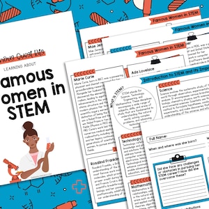 May include: A colourful printable worksheet with the title "Famous Women in STEM" and a cartoon illustration of a woman scientist. The worksheet includes information about famous women in STEM fields, such as Marie Curie, Ada Lovelace, and Rosalind Franklin. The worksheet also includes a section on the importance of STEM and its different fields.