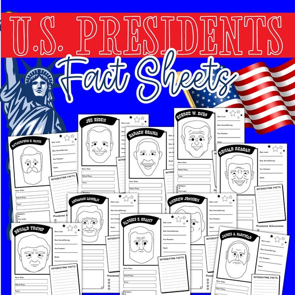 President Fact Sheets, Presidents, Digital Download, Instant Download, Printable Download, President Facts, STEM, STEM Worksheets