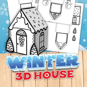 May include: A printable 3D papercraft model of a winter house. The model is black and white and includes a gingerbread house, a snowman, and a Christmas tree. The text "WINTER 3D HOUSE" is at the bottom of the image.