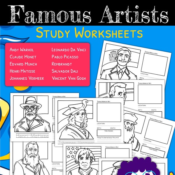 Famous Artist Worksheets Set, Famous Artists, Digital Download, Instant Download, Printable Download, STEM, STEM Worksheets, Artists