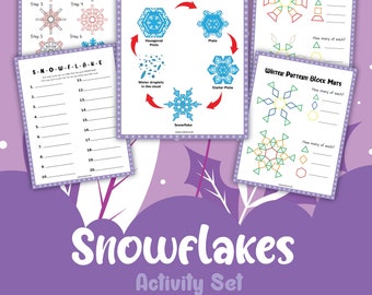 Snöflingans livscykel, Allt om snöflingor, Typer av snöflingor, omedelbar nedladdning, digital nedladdning, STEM-arbetsbok, barnarbetsbok