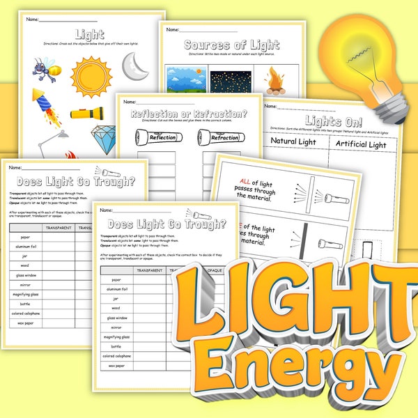 Light Energy Activity Pack, instant download STEM workbook, digital download, kid’s workbook, reflection, refraction