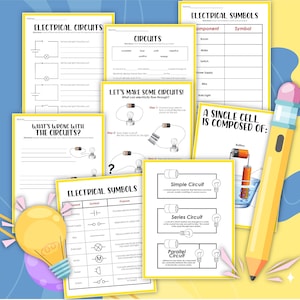 Puede incluir: Un conjunto de hojas de trabajo imprimibles para enseñar sobre circuitos eléctricos. Las hojas de trabajo incluyen diagramas de circuitos simples, símbolos para componentes eléctricos y preguntas sobre cómo fluye la electricidad. Las hojas de trabajo están diseñadas para que los estudiantes aprendan sobre los conceptos básicos de la electricidad y cómo funcionan los circuitos.