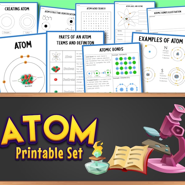 Set di attività Atom, Atomi, Download digitale, Download stampabile, Download stampabile, Cartelle di lavoro per bambini, STEM, Fogli di lavoro STEM, Tutto sugli atomi