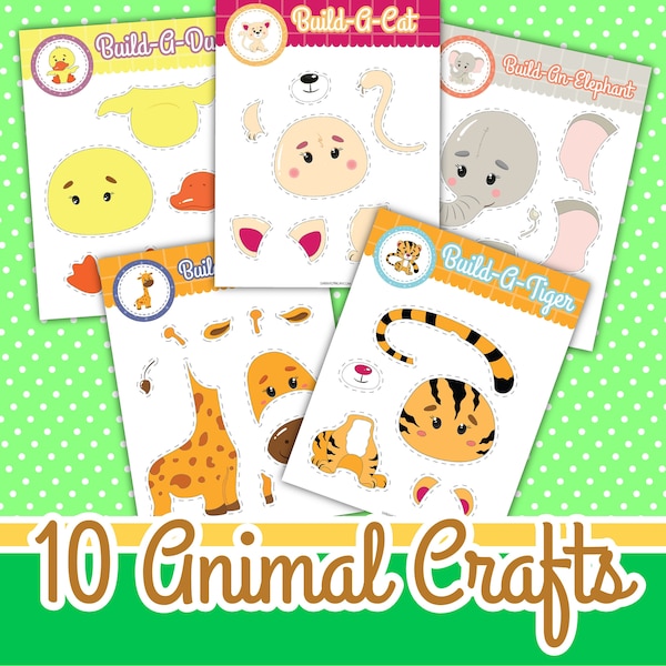 10 Animal Crafts sofortiger download, MINT, Kinderkunstprojekt, Tierhandwerk, digitaler Download, Kinderarbeitsbuch, Zoo Spaß