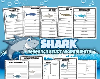 May include: Shark Research Study Worksheets, a set of printable worksheets for kids to learn about different types of sharks, including the Great White Shark, Whale Shark, Tiger Shark, Zebra Shark, Hammerhead Shark, and Bull Shark. Each worksheet includes space for students to write the scientific name, common name, weight, length, lifespan, location found, predator and prey, and three interesting facts.