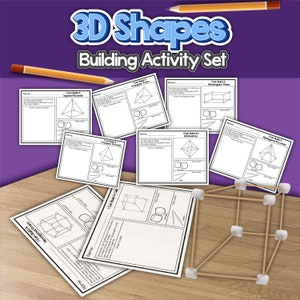 May include: A set of printable worksheets for building 3D shapes. The worksheets feature black and white illustrations of a square pyramid, triangular pyramid, rectangular prism, hexagonal prism, octahedron, and pentagonal pyramid. The worksheets include instructions for building the shapes and space for students to draw their own representations.