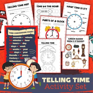 May include: A colourful printable worksheet set for teaching children how to tell the time. The set includes a time conversion chart, a clock face with hands, and a clock face with numbers. The worksheets are designed to help children learn about the different parts of a clock and how to read the time.