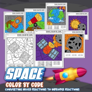 May include: A set of six printable space-themed color by code worksheets. Each worksheet features a different space-themed image, such as a rocket, a satellite, a planet, a sun, and a moon. The worksheets are designed to help children practice converting mixed fractions to improper fractions.
