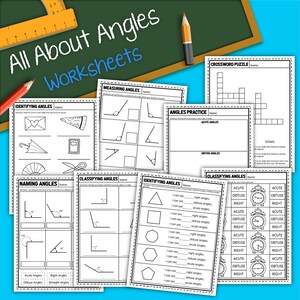 Puede incluir: Hojas de trabajo en blanco y negro para aprender sobre los ángulos. Las hojas de trabajo incluyen la identificación, la denominación, la medición, la clasificación y la práctica de los ángulos. Las hojas de trabajo se titulan "Identificación de ángulos", "Medición de ángulos", "Denominación de ángulos", "Clasificación de ángulos", "Identificación de ángulos", "Práctica de ángulos" y "Clasificación de ángulos".