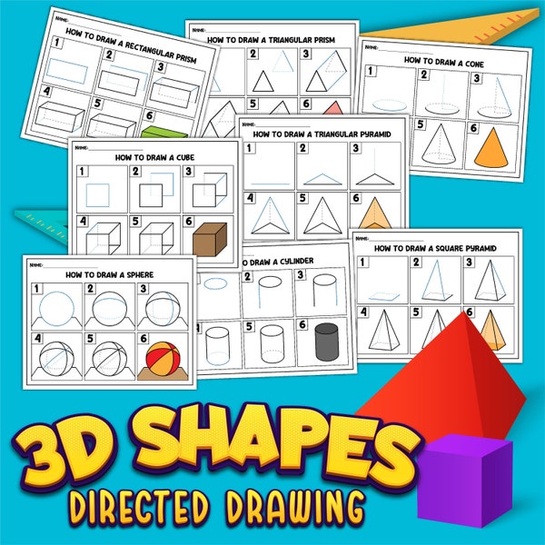 3D Shapes Directed Drawing Set, 3D Shapes, Directed Drawing, Digital Download, Printable Download, Instant Download, STEM, STEM Activity