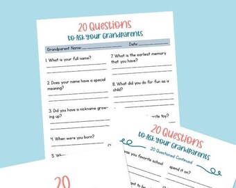 20 Questions For Kids To Ask Their Grandparents, Digital Download, Instant Download, Printable Download, Grandparents, 20 Questions
