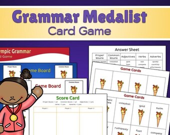 May include: A colourful card game for learning grammar. The game features an Olympic theme with images of torches, medals, and sports. The game includes a scorecard, game board, and answer sheet. The text on the cards includes words like "volleyball", "gold", and "swim".