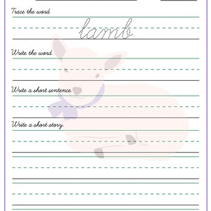 K&ouml;nnte beinhalten: Ein druckbares Arbeitsblatt zum &Uuml;ben von Schreibschrift mit dem Wort "lamb" in Schreibschrift. Das Arbeitsblatt zeigt ein Cartoon-Lamm mit einem lila Band um den Hals. Das Arbeitsblatt bietet Platz zum Nachzeichnen des Wortes, zum Schreiben des Wortes, zum Schreiben eines kurzen Satzes und zum Schreiben einer kurzen Geschichte.