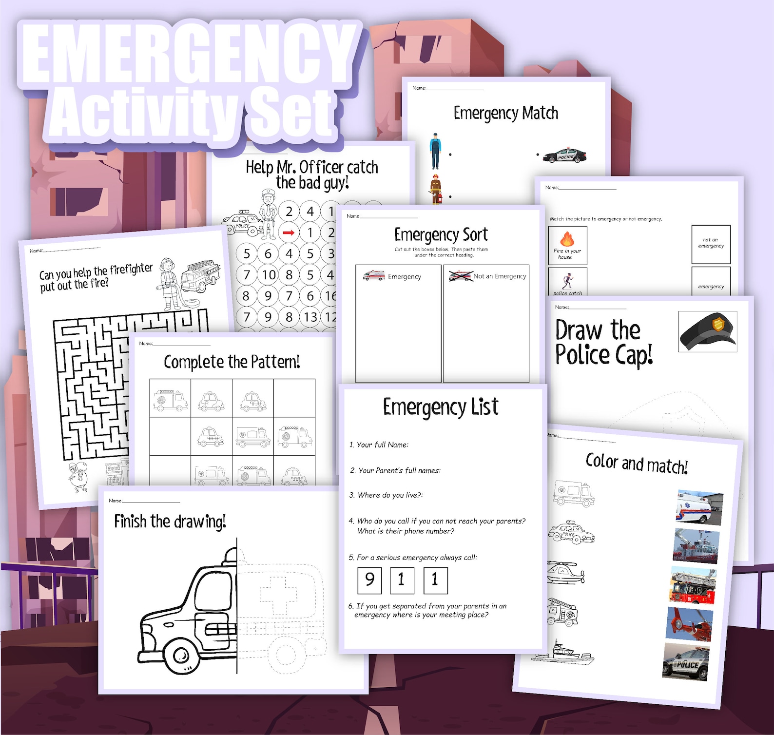 Emergency Activity Pack, Digital Download, Kids Workbook, Police, Fire