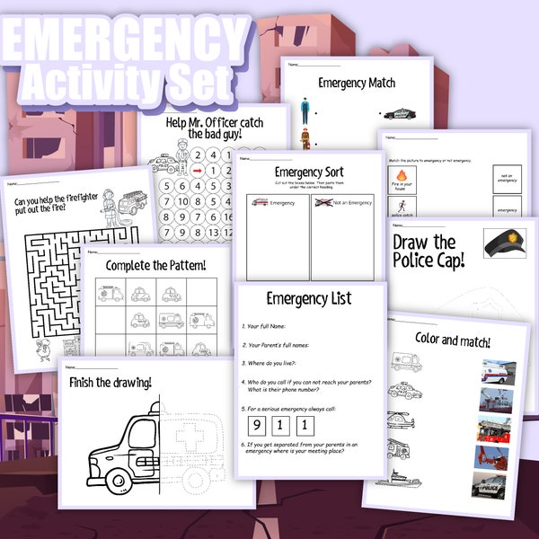 Emergency Activity Pack, digital download, kid’s workbook, Police, Fire, EMS, Lesson for kids