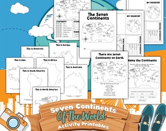 7 Kontinente der Weltaktivitätsstudie, digitaler Download, sofortiger Download, Kinderarbeitsblatt, Geographie-Arbeitsblatt, Reisen, Weltstunde