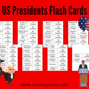 May include: A set of US Presidents flash cards with illustrations of each president and their number in office. The cards are white with black text and are arranged in rows on a red background. The text "www.SarahLynGay.com" is at the bottom of the image.