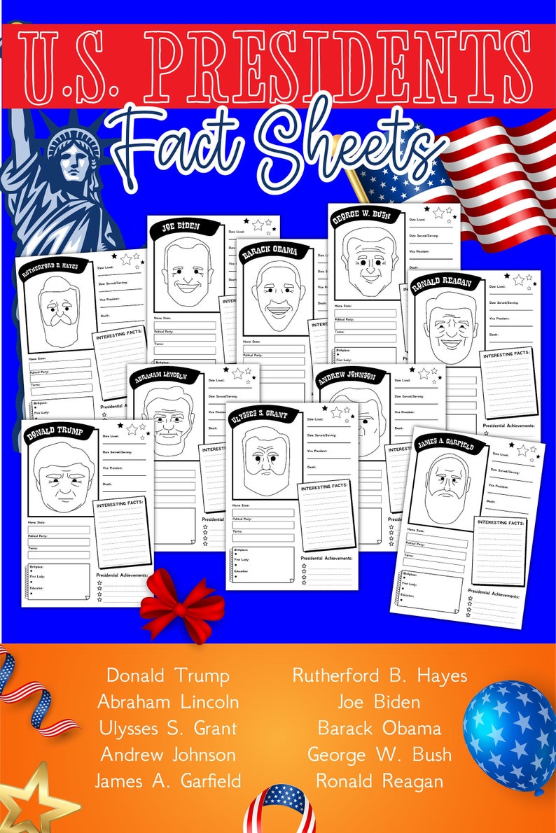 President Fact Sheets, Presidents, Digital Download, Instant Download