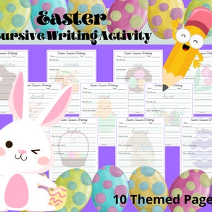 K&ouml;nnte beinhalten: Zehn druckbare Arbeitsbl&auml;tter f&uuml;r die &Uuml;bung der Schreibschrift mit Ostern-Motiven und Illustrationen. Die Arbeitsbl&auml;tter enthalten W&ouml;rter wie "Lamm", "K&uuml;ken", "Korb", "Hase" und "Feiertag".