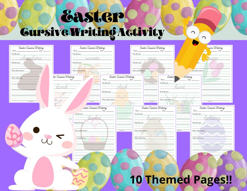 K&ouml;nnte beinhalten: Zehn druckbare Arbeitsbl&auml;tter f&uuml;r die &Uuml;bung der Schreibschrift mit Ostern-Motiven und Illustrationen. Die Arbeitsbl&auml;tter enthalten W&ouml;rter wie "Lamm", "K&uuml;ken", "Korb", "Hase" und "Feiertag".