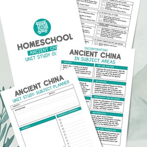 Könnte beinhalten: Ein druckbarer Homeschool-Einheitenstudienplaner für das antike China. Der Planer enthält Abschnitte für Brainstorming, Projekte, Ressourcen und Materialien sowie Ziele. Der Planer soll Schülern helfen, die Geschichte, Kultur, Kunst und Mythologie des antiken China zu lernen.