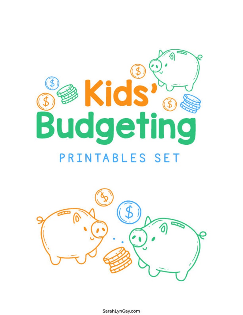 Puede incluir: Conjunto de imprimibles de presupuesto para ni&ntilde;os con dos alcanc&iacute;as y monedas. Las alcanc&iacute;as est&aacute;n delineadas en naranja y verde. El texto est&aacute; en verde y naranja.