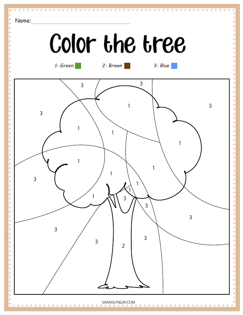 May include: A black and white line drawing of a tree with numbered sections for coloring. The numbers correspond to the colors green, brown, and blue.