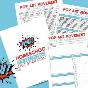 May include: A printable homeschool unit study planner for teaching about the Pop Art movement. The planner includes sections for brainstorming, projects, field trips, resources, and goals. The planner features a colourful comic book style design with the words "POW!" and "Homeschool Pop Art Movement Unit Study Outline!"