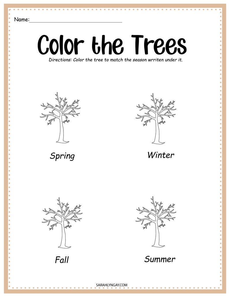 May include: Black and white line art illustration of four trees, each representing a different season: spring, winter, fall, and summer. The text "Color the Trees" is at the top of the page, and the text "Directions: Color the tree to match the season written under it." is below the title.