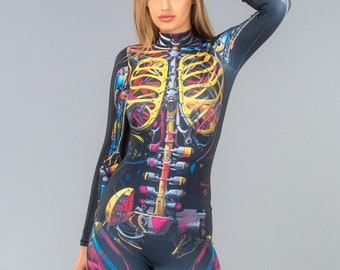 Women’s Skeleton Bodysuit – Full-Body Lycra Skeleton Costume for Halloween, Rave, Cosplay & Goth Fashion – Non-See-Through