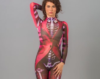 Traje de esqueleto de malla, mono futurista transparente