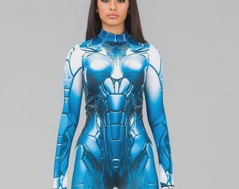 Blauwe cyberpunk catsuit, futuristische bodysuit, sciencefictionkostuum, robotjumpsuit, festivaloutfit, rave catsuit, cosplay bodysuit