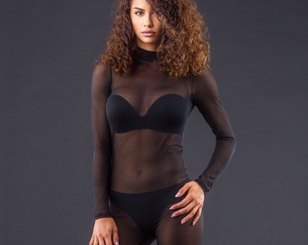 Schwarz Durchsichtig Mesh Catsuit Jumpsuit Bodysuit Catsuit Mesh Jumpsuit Lange Ärmel Ganzkörper Kostüm Plus Alle Größe XXS-XXL
