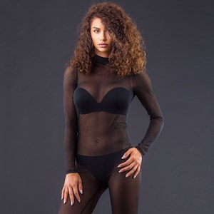 Black See Trough  Mesh Catsuit Jumpsuit Bodysuit Catsuit Mesh Jumpsuit  Long Sleeves Full Body Costume Plus All Size XXS-XXL