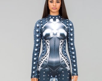 Futuristic Armor-Print Lycra Jumpsuit: Sci-Fi Cosplay Catsuit
