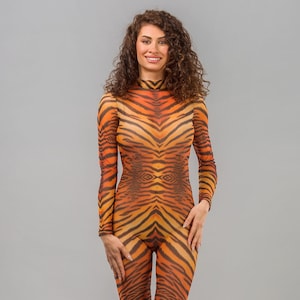 Tiger Mesh Catsuit, Tiger Mesh Costume Women, Animal Mesh Costume Women, Women Mesh Catsuit, Rave Bodysuit Woman, Festival Mesh Outfit
