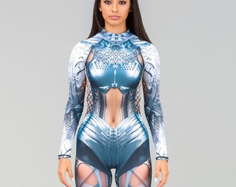 Cyber Warrior Bodysuit: Futuristic 3D Print Lycra Catsuit