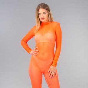 Orange See Trough Mesh Catsuit Jumpsuit Bodysuit Catsuit Mesh Jumpsuit  Long Sleeves Full Body Costume, Woman Mesh Costume, Festival Costume