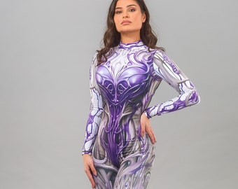 May include: A purple and white printed bodysuit with a futuristic design. The bodysuit has long sleeves and a high neck.