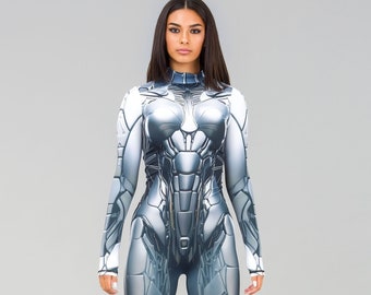 May include: A silver and blue metallic jumpsuit with a futuristic design. The jumpsuit has a high neck and long sleeves.