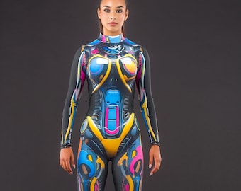 May include: A black, blue, yellow, and pink printed bodysuit with a futuristic design. The bodysuit has a high neck and long sleeves.