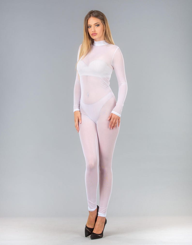Witte catsuit van mesh, doorzichtig festivalkostuum afbeelding 3