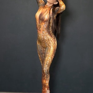 May include: A full-body jumpsuit with a gold and brown sequined pattern. The jumpsuit features a plunging neckline and long sleeves. The person is wearing sunglasses and black platform heels. The background is a dark gray wall.